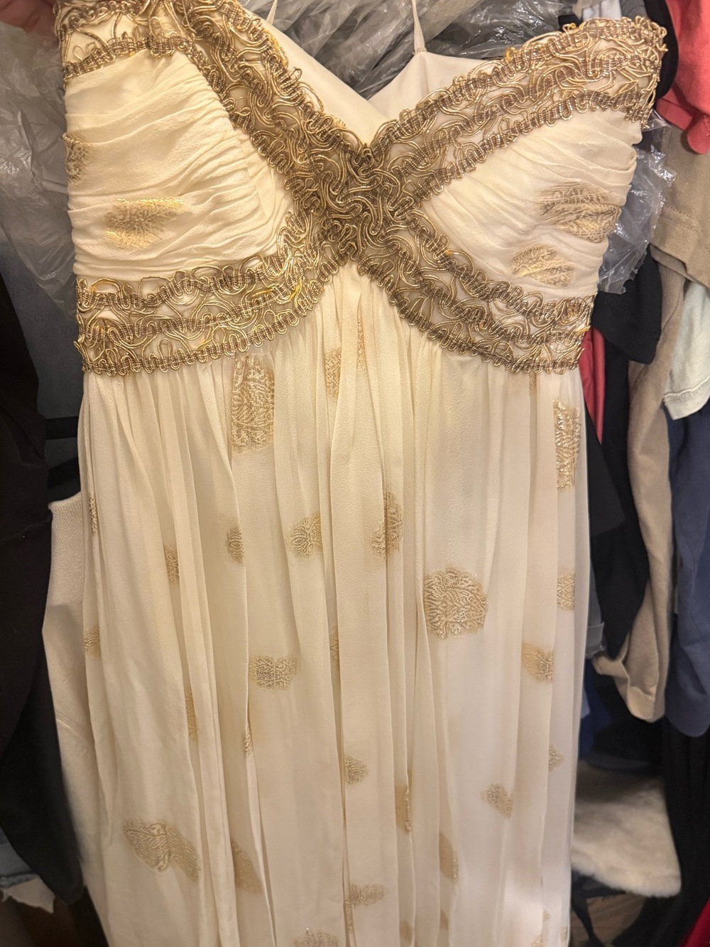Marchesa Notte Ivory and Gold Embellished Strapless Evening Dress